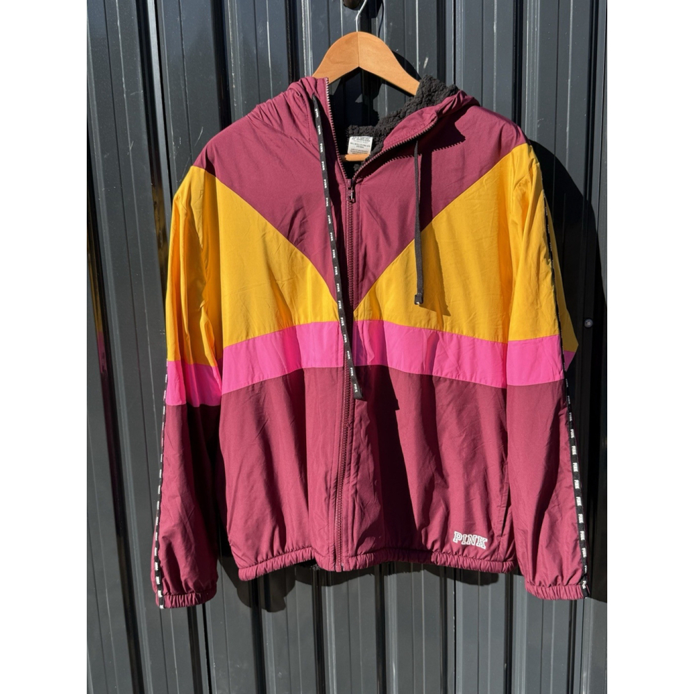 Women’s PINK Victoria Secret Windbreaker Jacket M/L Color block Maroon Gold EUC - Picture 2 of 8